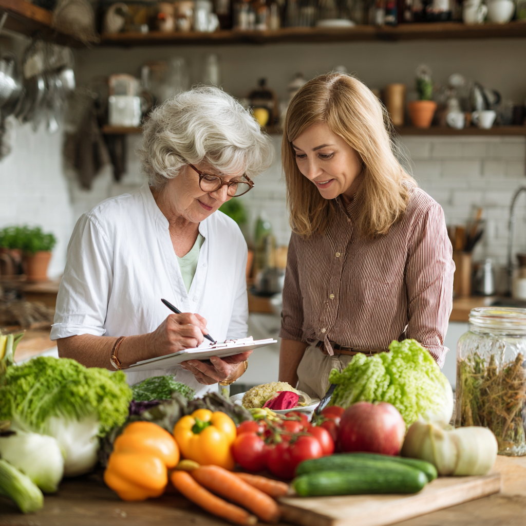 Mature woman planning healthy meals with nutritionist guidance